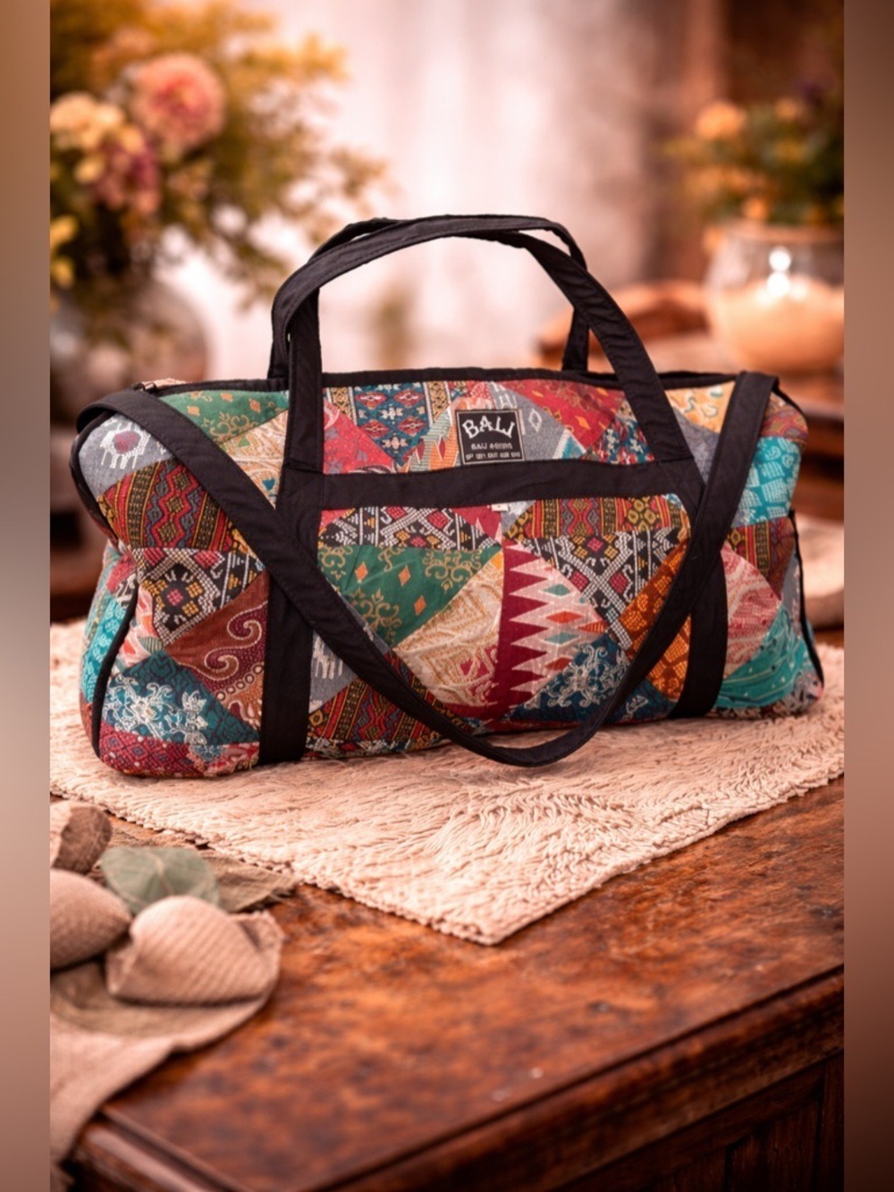 Bali Agung Patchwork Duffle Bag Artisan Indonesian Textile Carryall Boho Travel